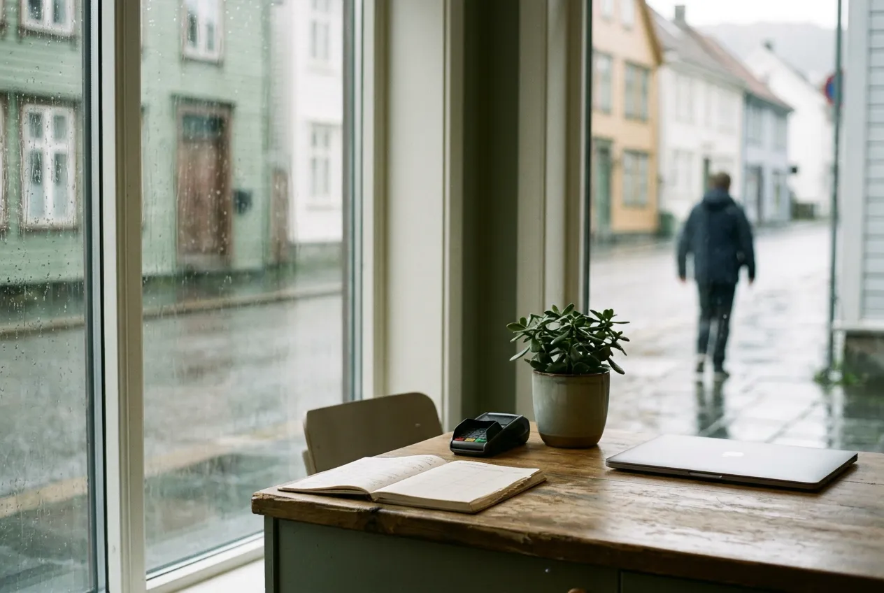 Reception counter of a small clinic with an appointment book, a card terminal and a closed laptop, rainy street visible through the window.