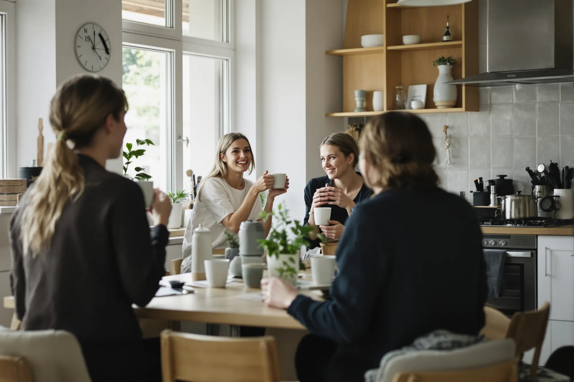 A small group talking over coffee at a shared table in a bright office kitchen.