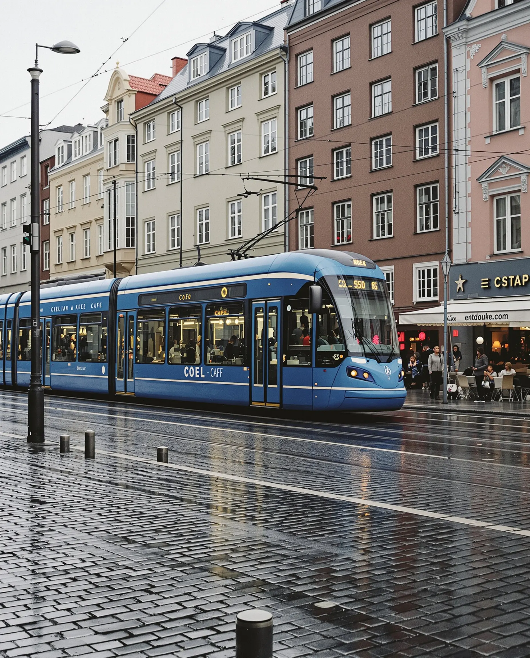 A blue Oslo tram on a wet city street lined with shops and cafés.
