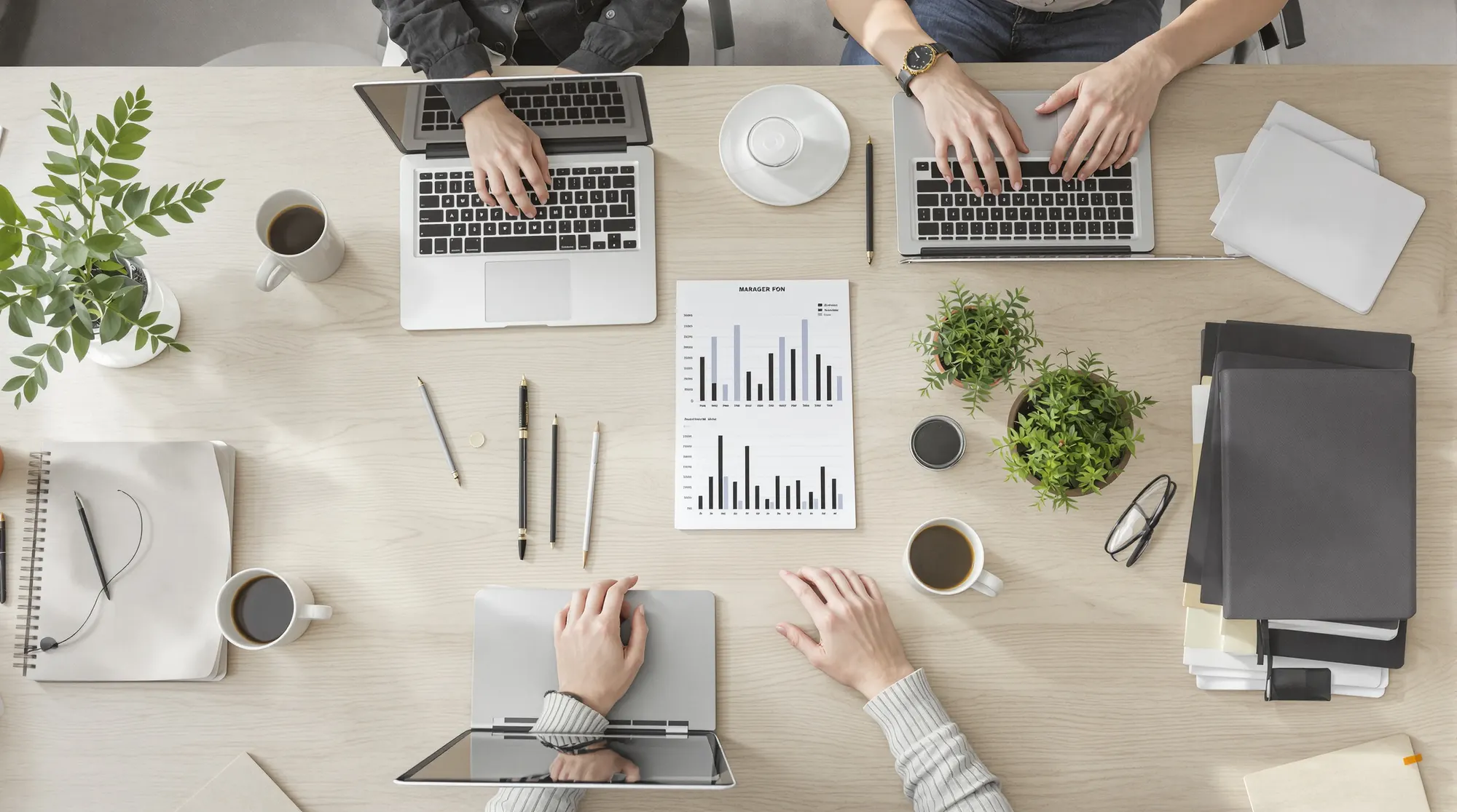 Seen from above: a pale wooden table with laptops, coffee cups and printed bar charts.