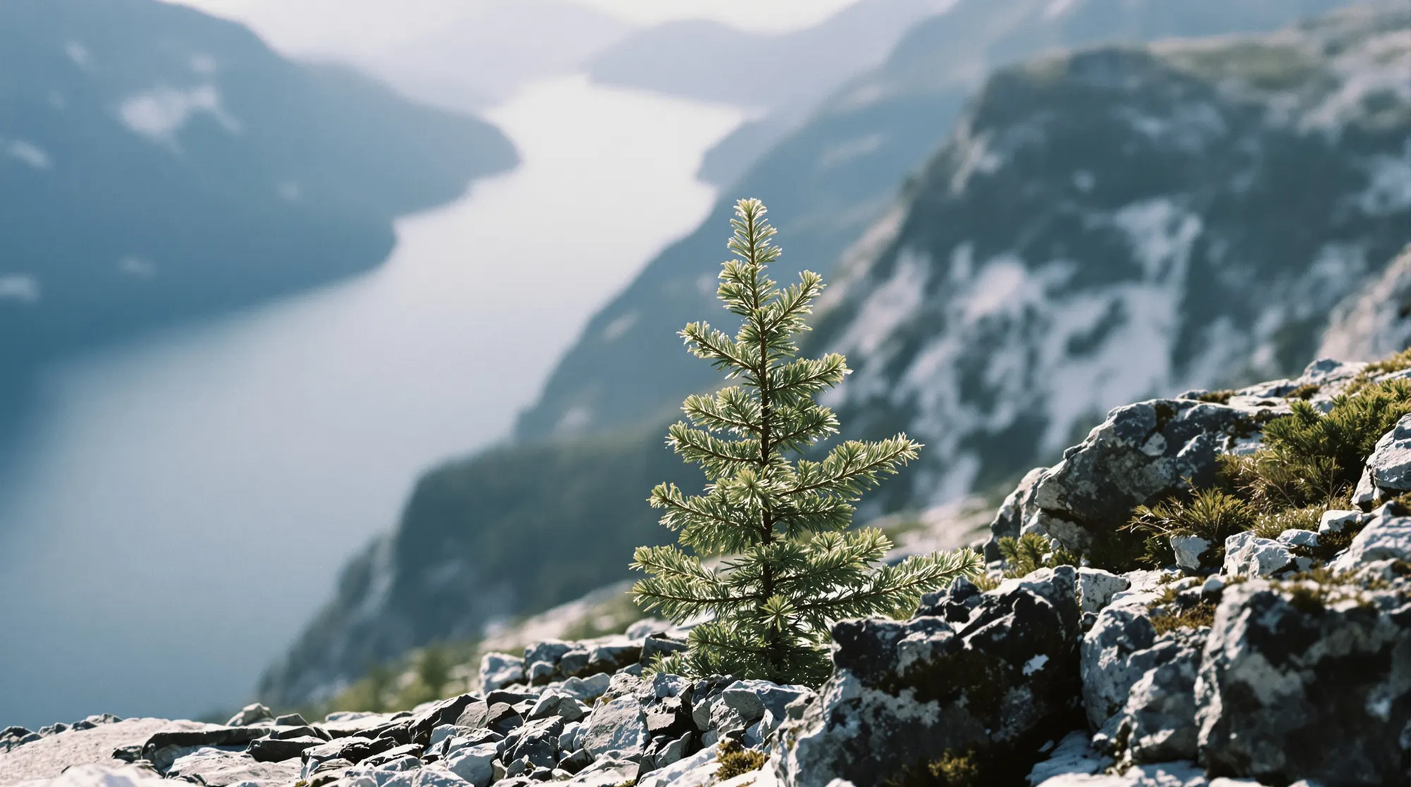 A young spruce on a rocky ledge above a fjord, with mountains fading into mist.